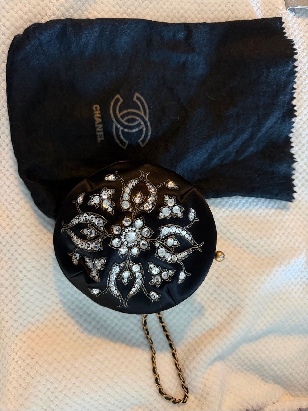 Vintage Chanel Black Jeweled Satin Round Evening Bag
